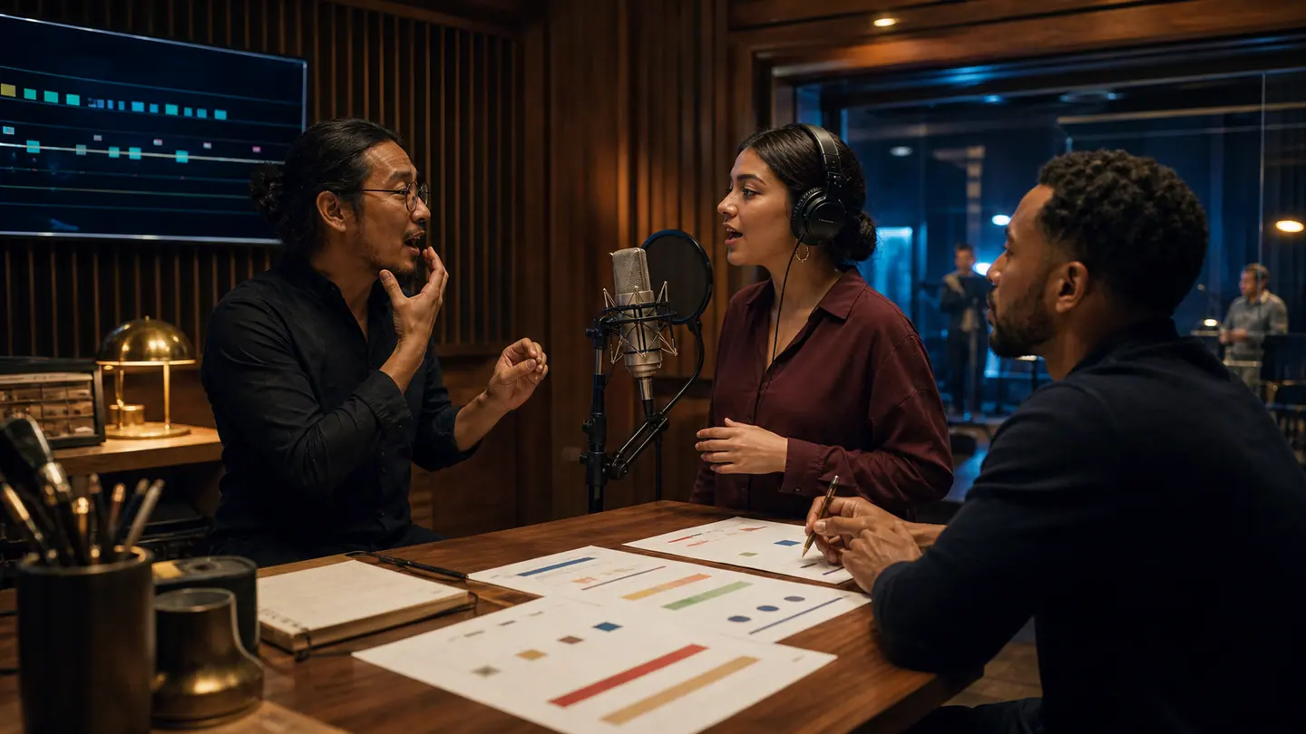 A linguist, performer and dialogue writer shape pronunciation together in a recording studio